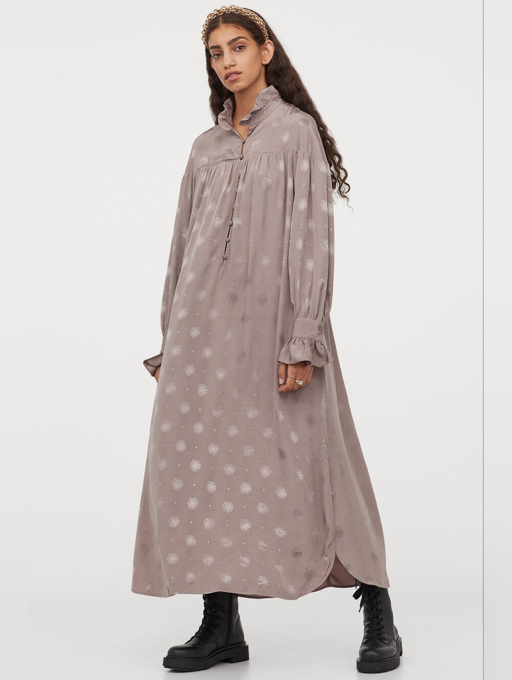 NWT SANDRA MANSOUR x H&M Taupe Long Sleeve Jacquard Weave Maxi Dress Size Large